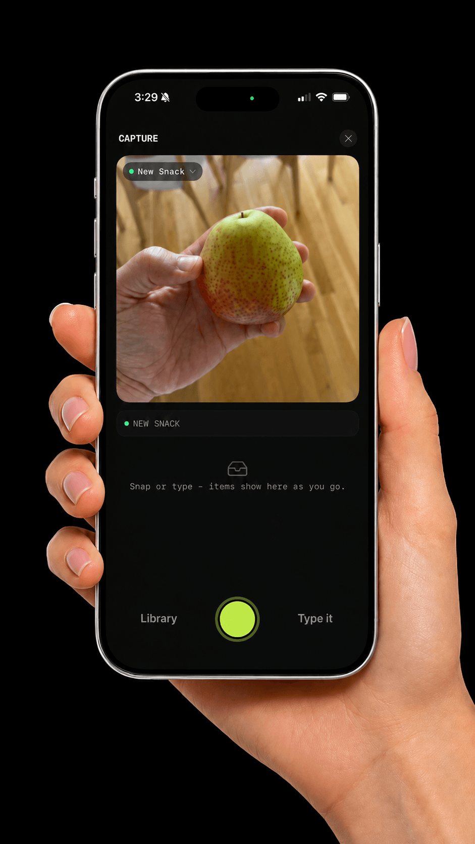 Kiwied capture screen - snap a photo of your food to log it.